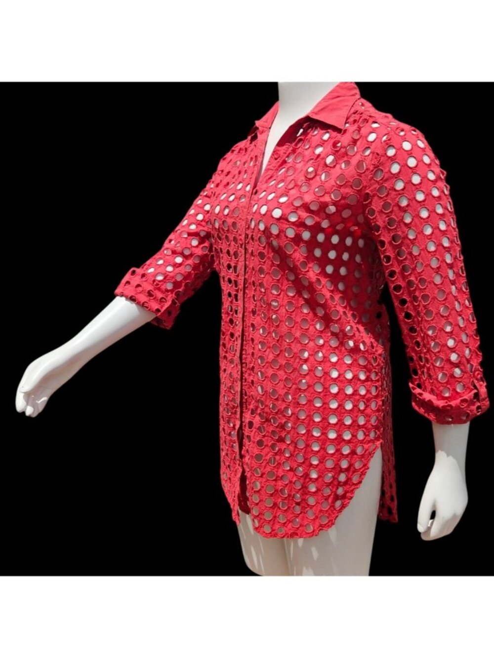 Adiva Red Eyelet Cutout Tunic Shirt Beach Coverup Roll Sleeve Size L - Picture 2 of 12